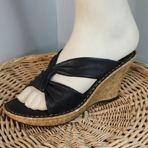 Born Black Leather Strappy Cork Wedge Sandals Size 7 / 38